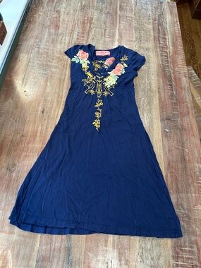 Johnny Was VTG Blue Midi Dress with Pink and Yellow Floral and Bird Embroidery